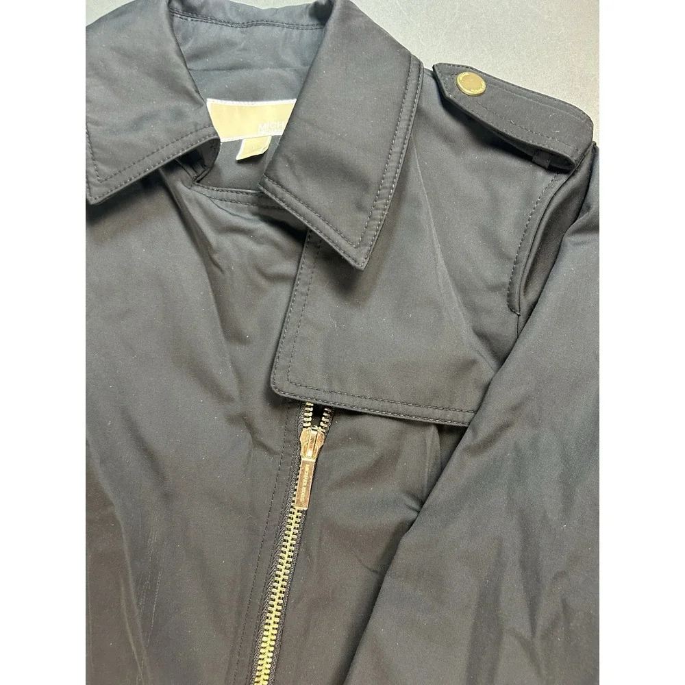 Michael Kors Black Asymmetrical Zip Trench Rain Jacket Women's L Missing Belt